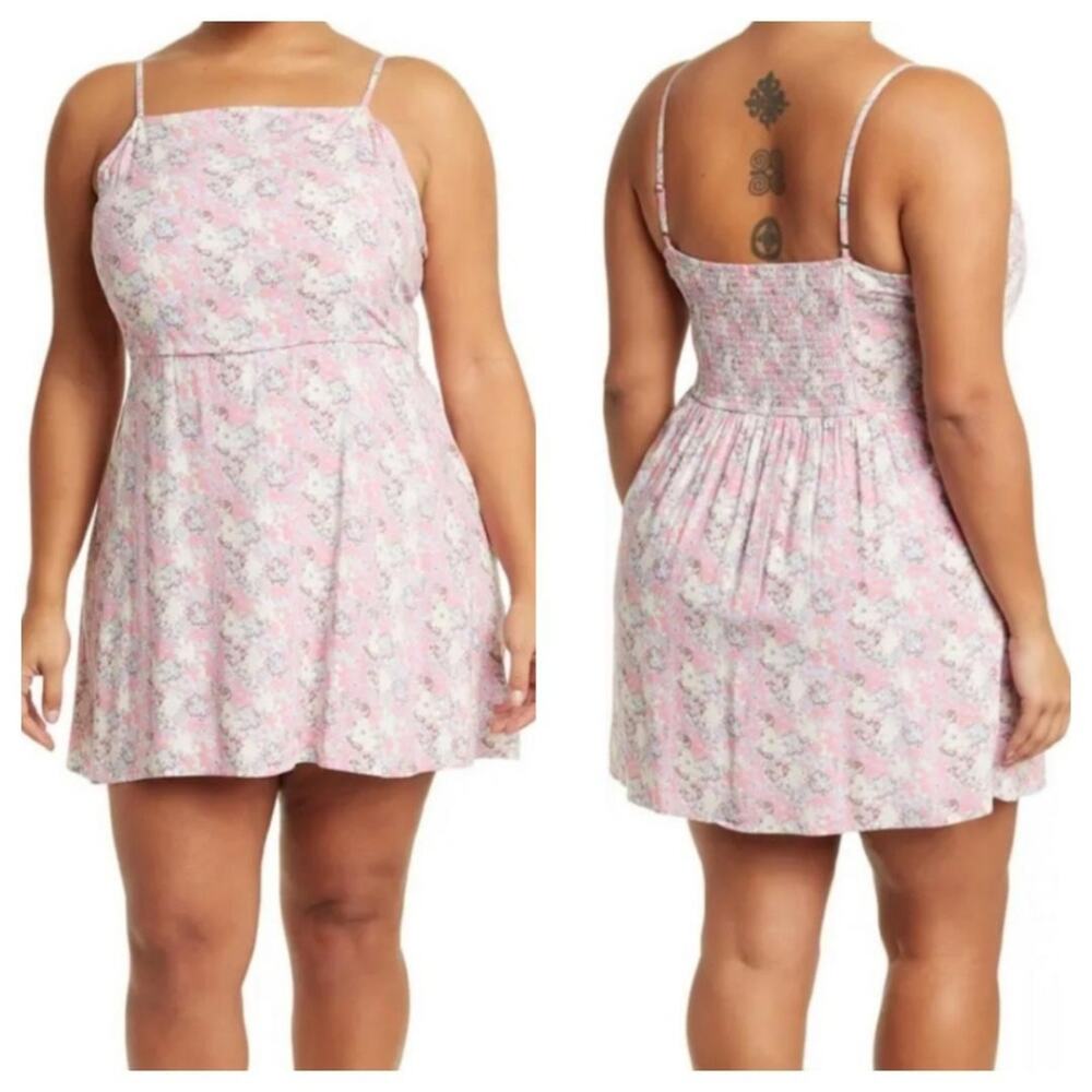 Abound Women's Plus Size 1X Sleeveless Skater Dress Smocked Back in Pink Floral